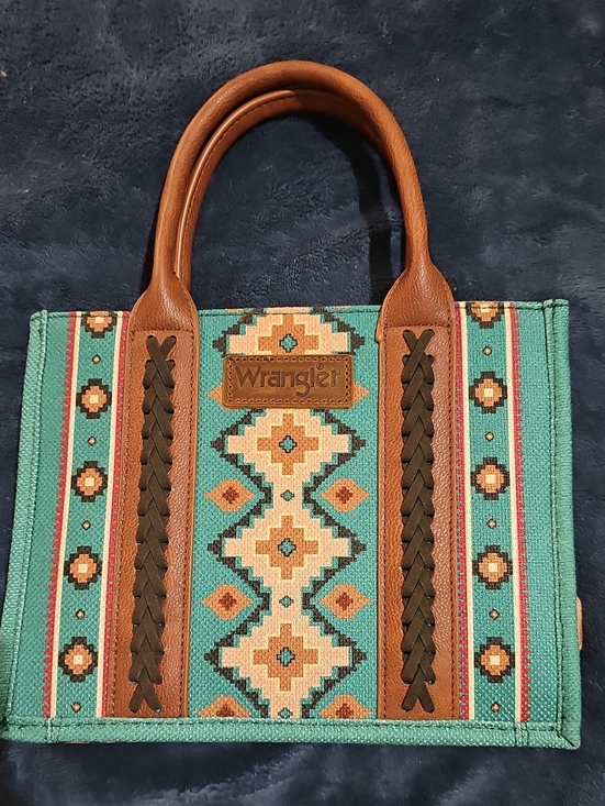 Wrangler Handbags - Wrangler Turquoise Southwestern Pattern Tote with Brown Trim